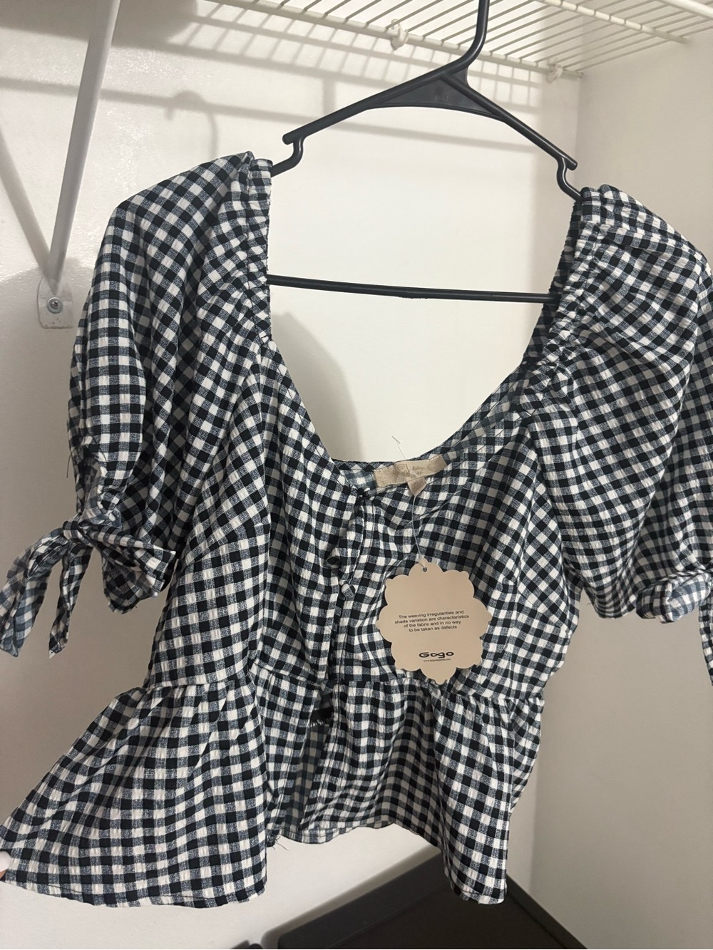 Black and White Gingham Puff Sleeve Peplum Blouse